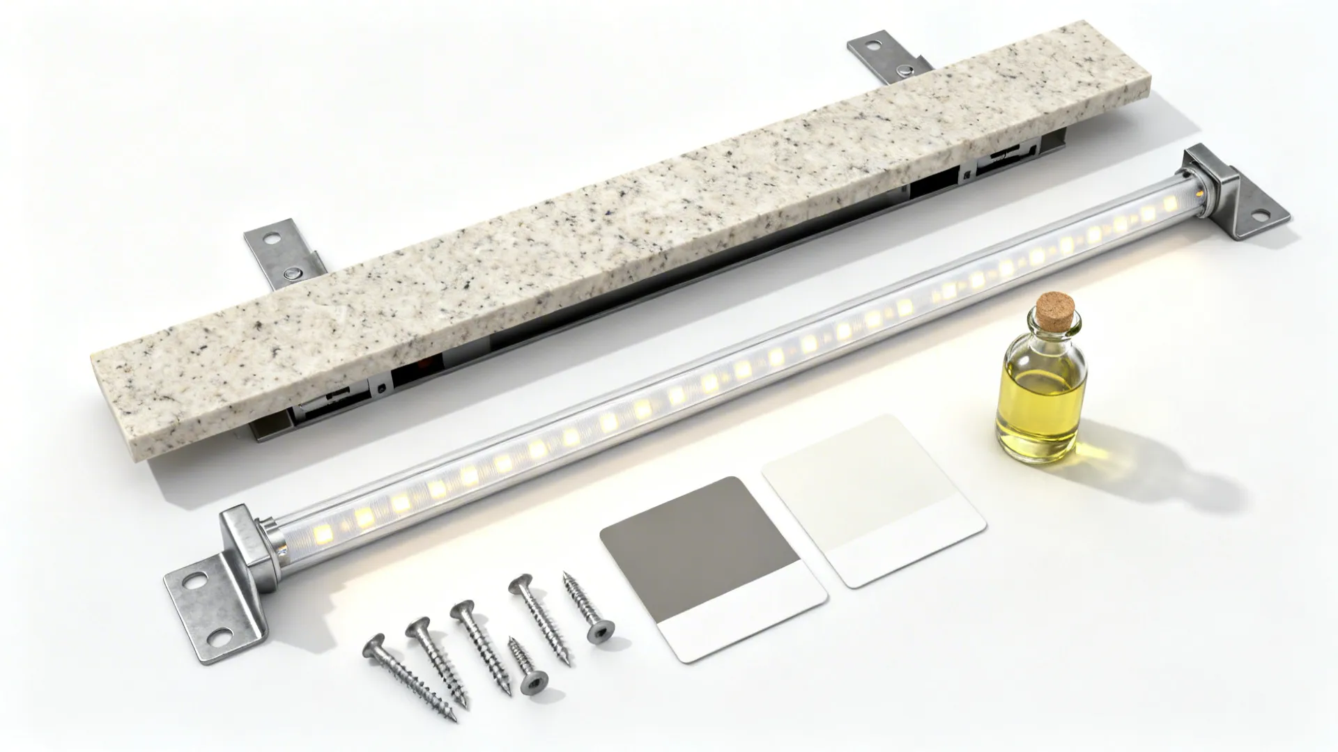 Material flat lay showing a granite strip, concealed brackets, LED strip, and hardware for a mini arch shelf.