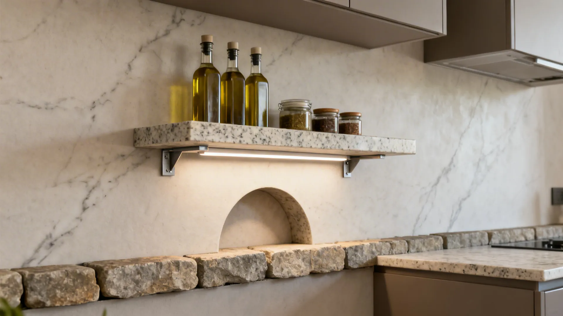 Floating granite shelf with a petite arch above the backsplash, softly lit with integrated LED.