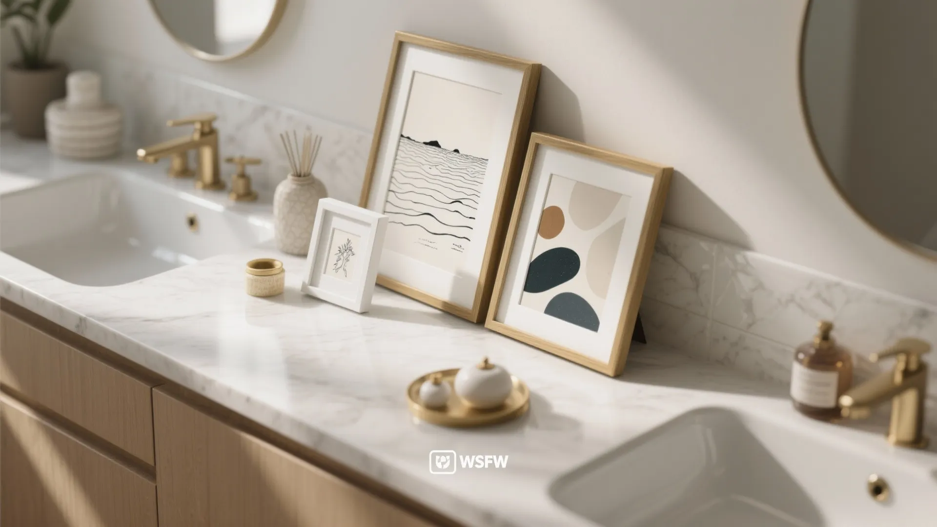 Modern bathroom marble counter with gold faucets small white picture frames and minimalist abstract art