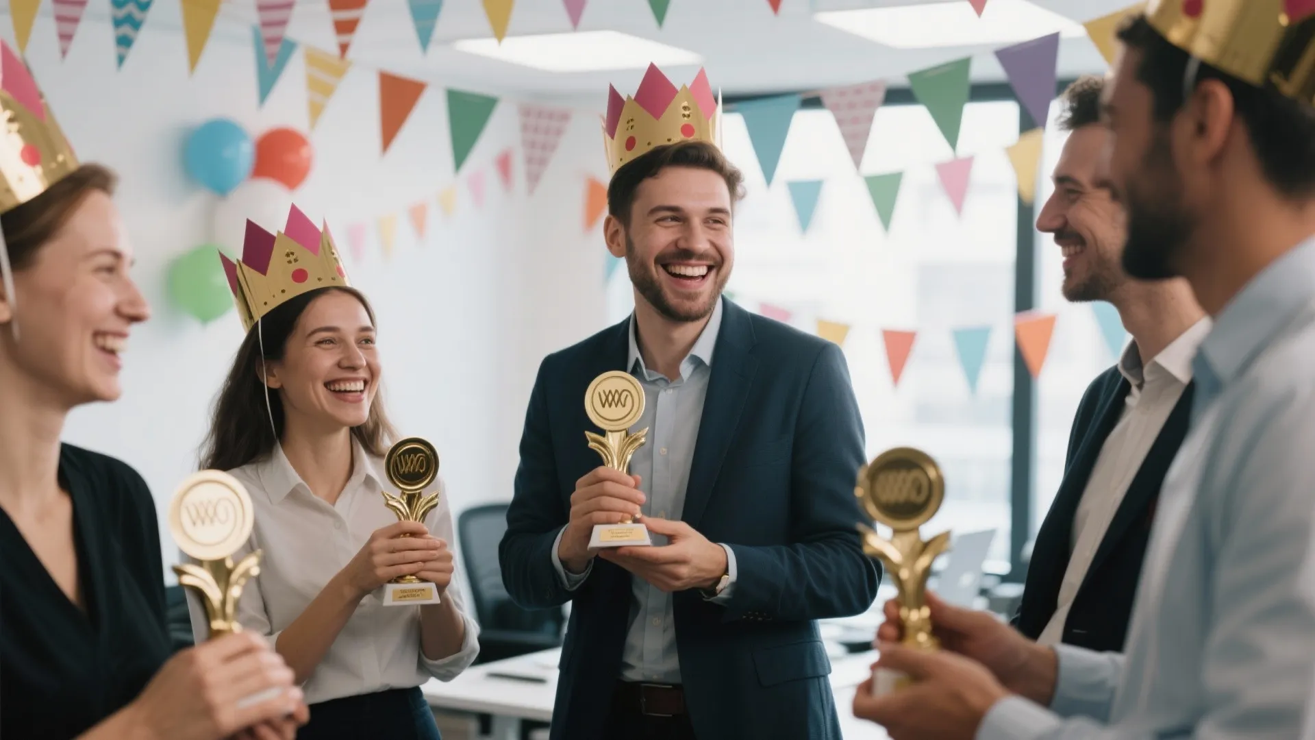 Happy office workers wearing gold crowns and holding trophies during an indoor celebratory awards ceremony