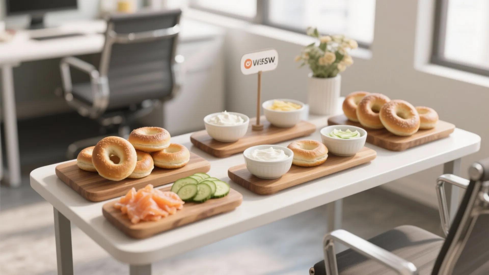 Office desk with a bagel bar featuring cream cheese salmon and cucumbers on wooden boards