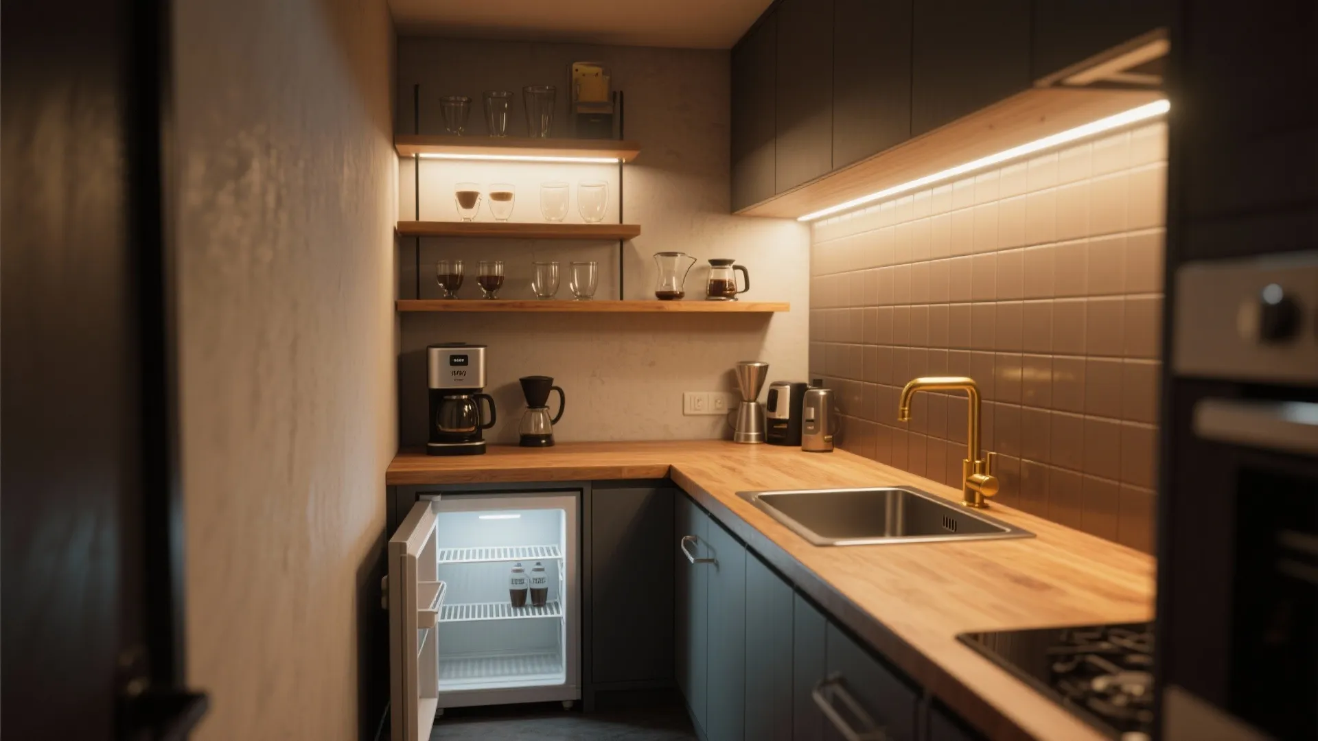Compact home bar with wooden countertop small fridge coffee machine gold faucet and open shelves