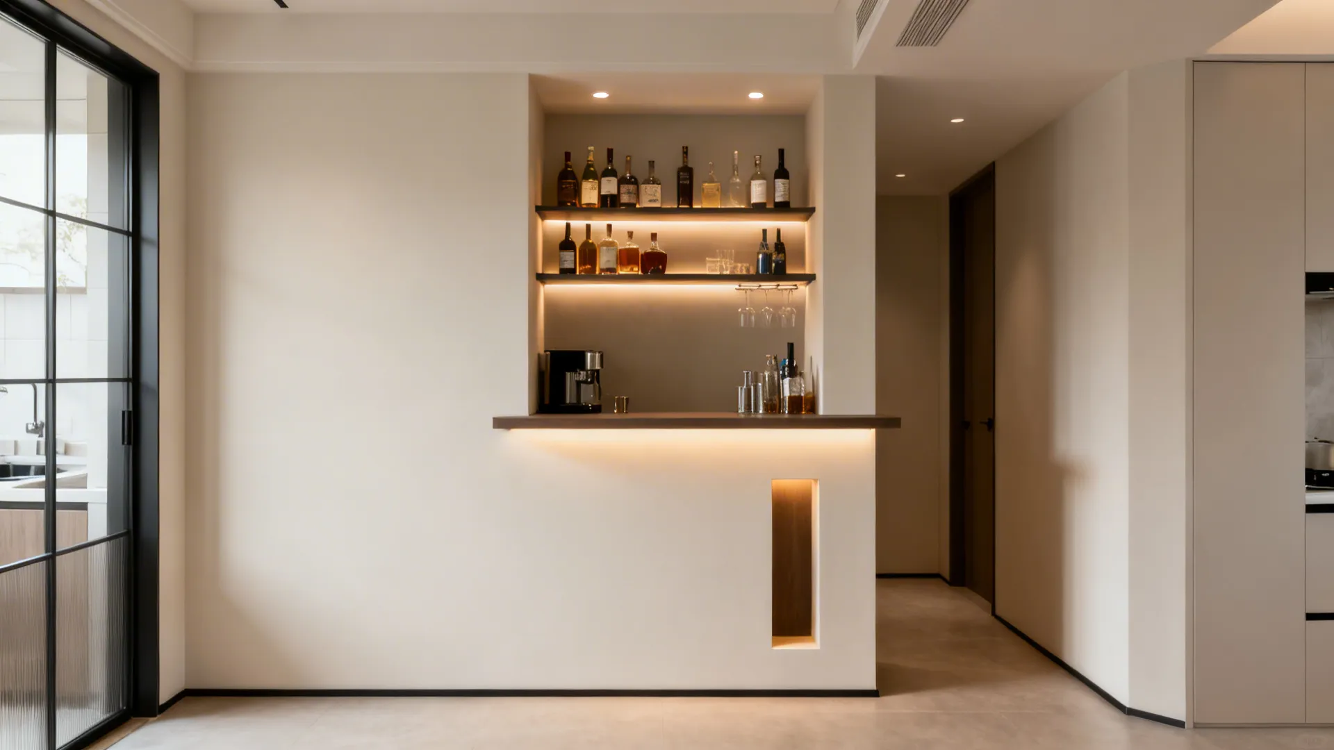 Before-and-after of a small kitchen wall transformed into a functional mini bar with shelves and lighting.