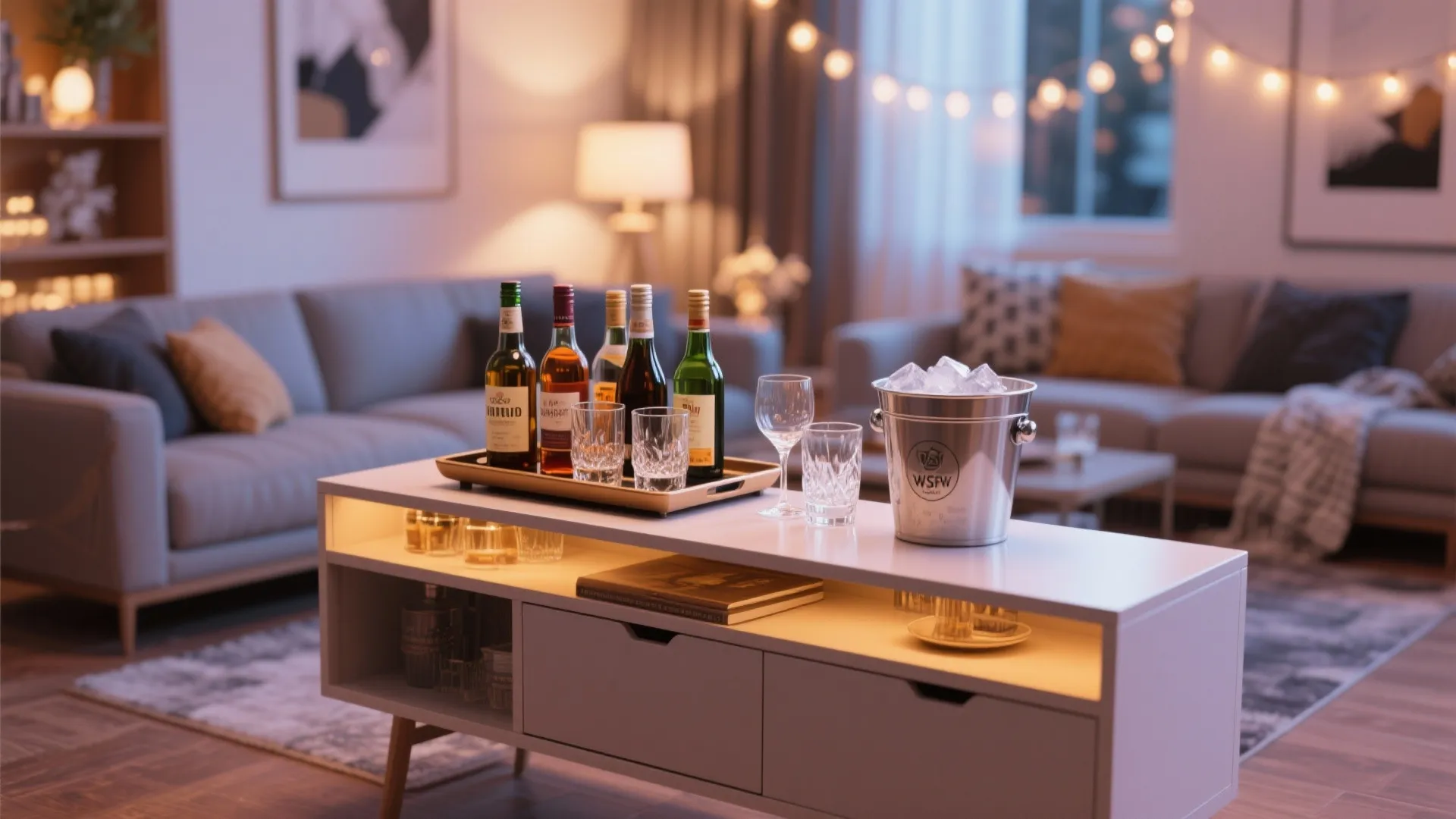 Console styled as a mini bar with bottles and glassware