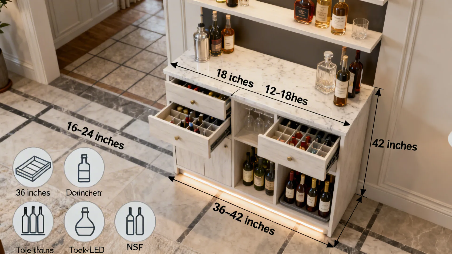 Top-down diagram showing mini bar dimensions, shelf spacing, and walkway clearances.