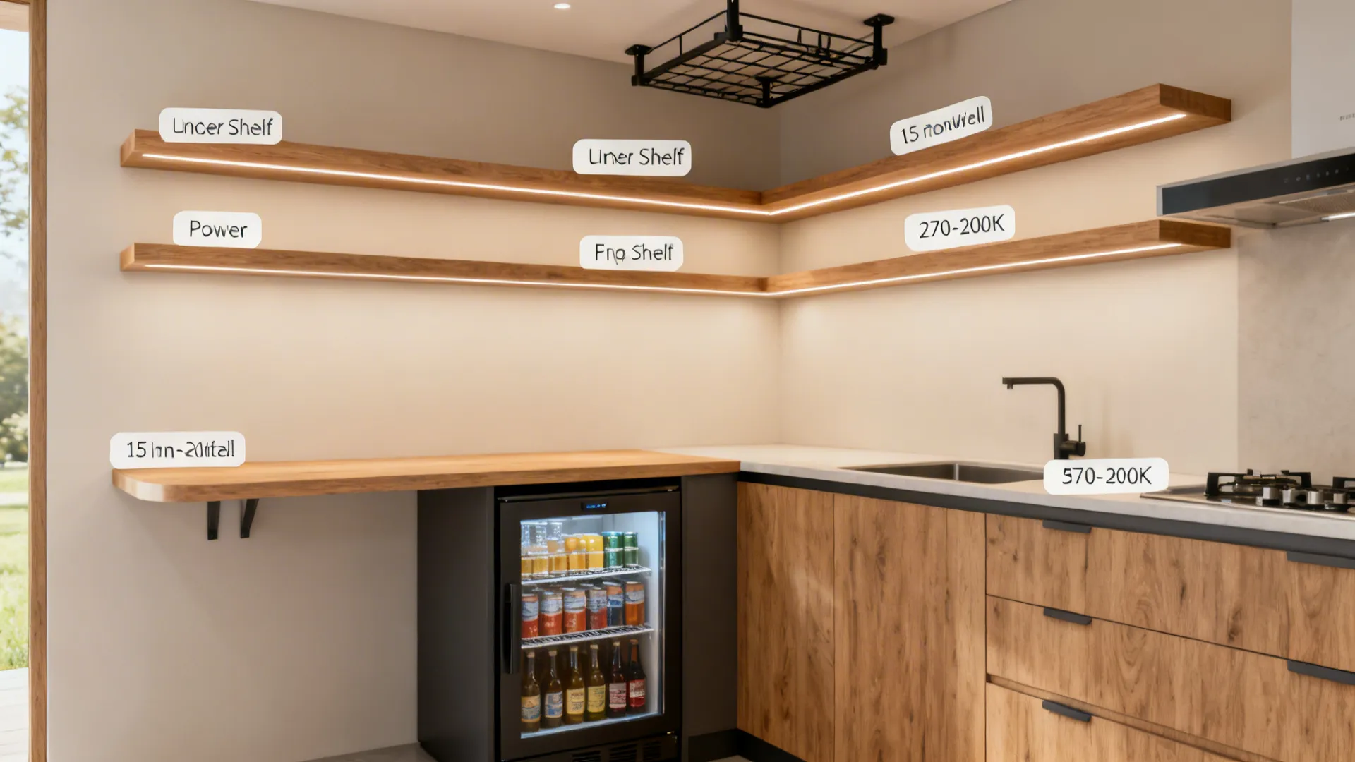 Overview of mini bar options including shelves with power, a slim beverage fridge, warm lighting, and a one-wall console.