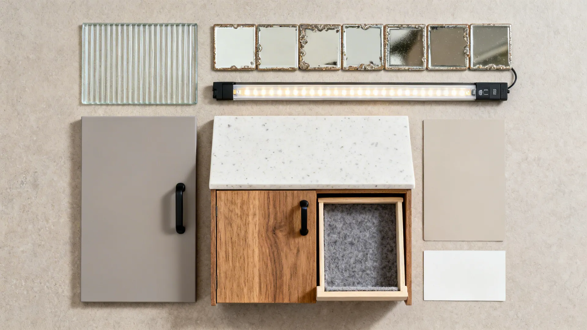 Flat lay of quartz, matte cabinet front, oak, ribbed glass, antique mirror, hardware, and LED strip samples.