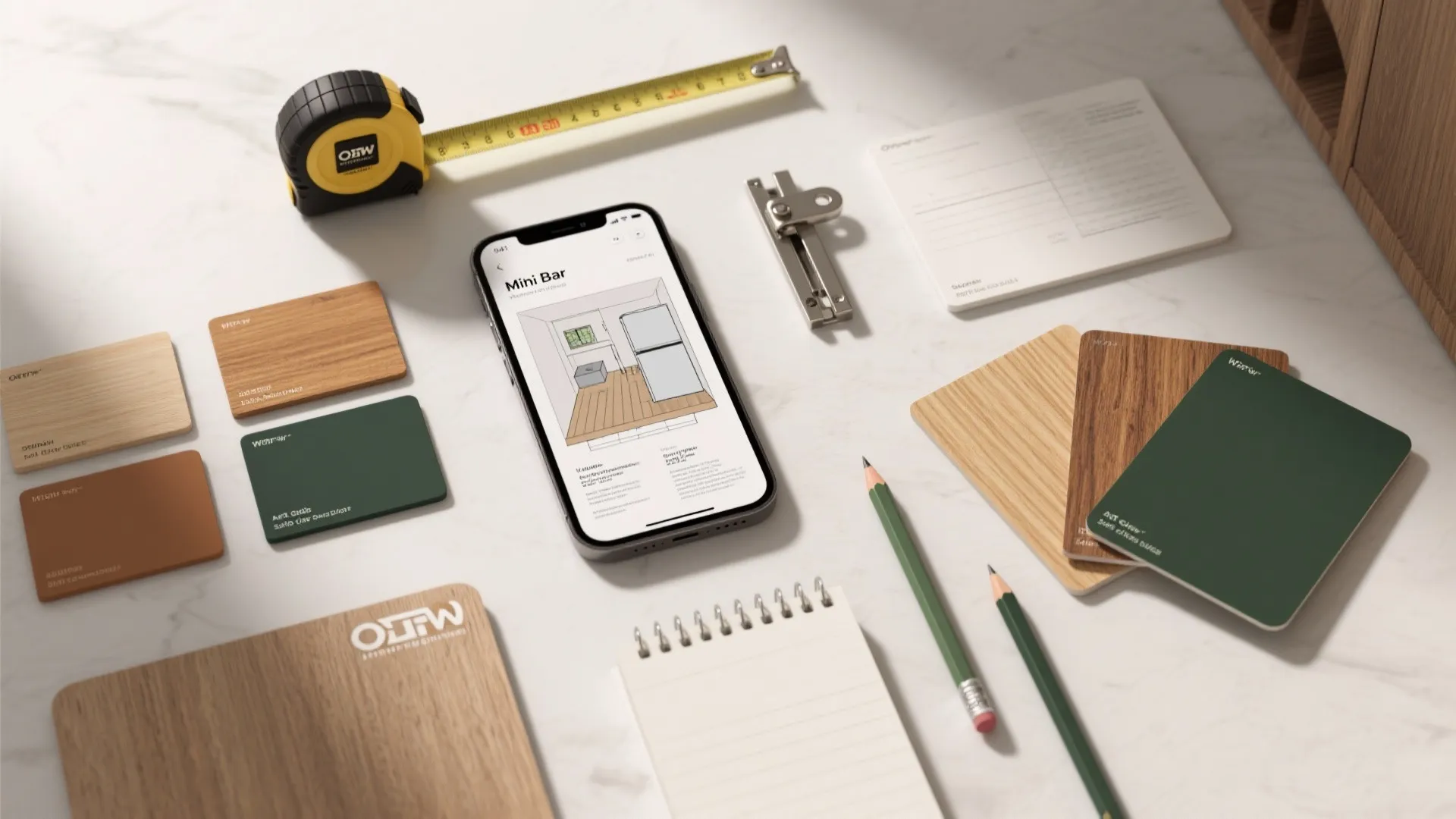 Top-down flatlay of planning tools and material swatches for designing a small minibar.
