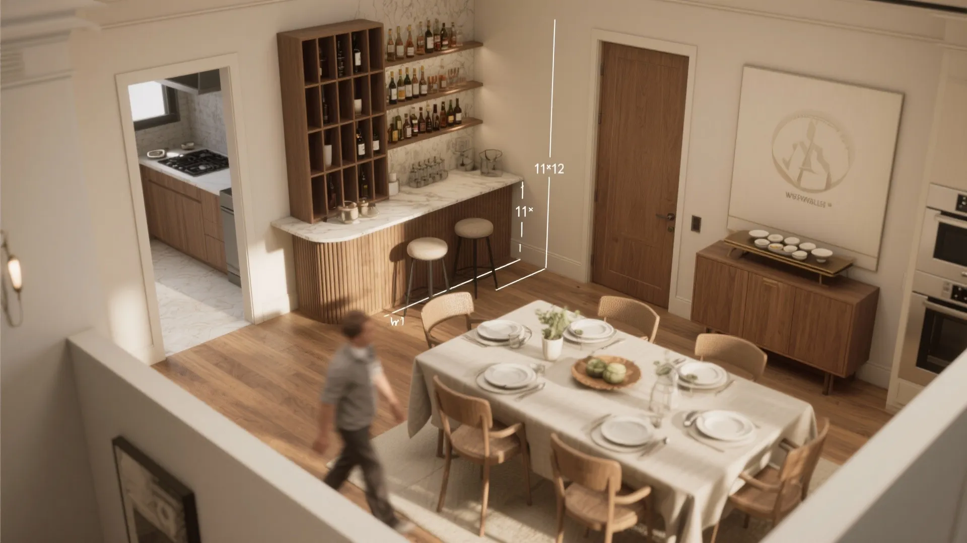 Interior design drawing showing a home bar with cabinet, wine storage, and a dining area