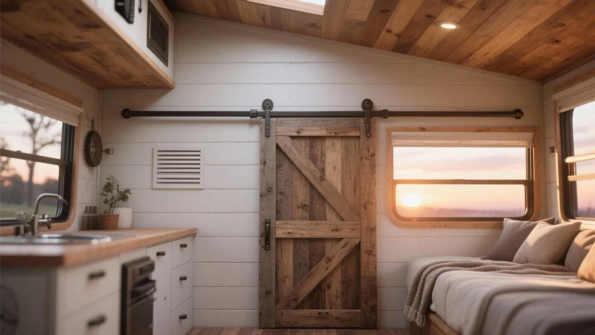 Rustic interior with wooden sliding barn door, small kitchen counter, bed, and sunset through windows