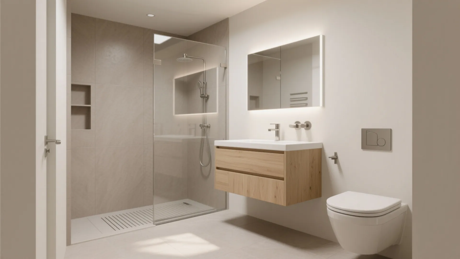 Small minimalist bathroom design with wood cabinet white sink glass shower and beige wall tiles