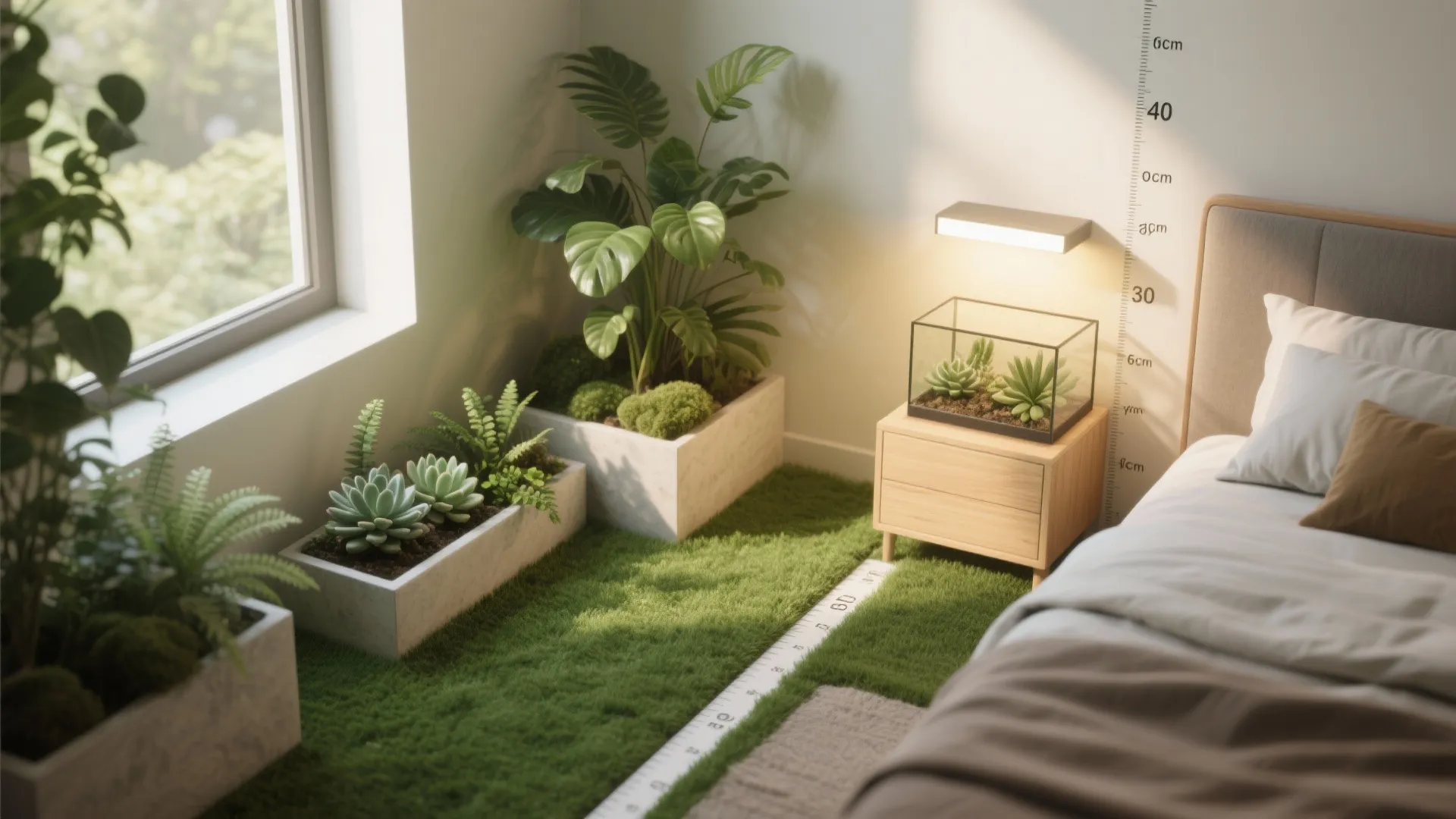 Indoor garden bedroom featuring green grass floor and potted plants next to a wooden nightstand