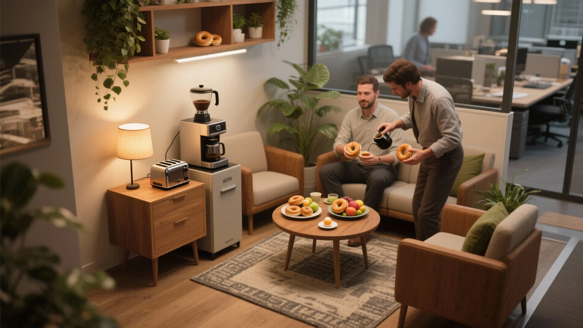 Office break room with coffee machine toaster wood table and chairs for staff to enjoy snacks