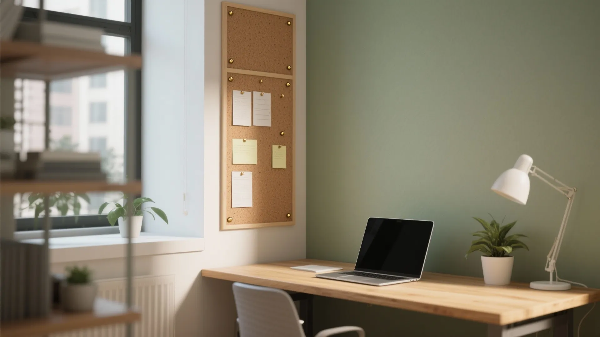 Modern home office desk with laptop white desk lamp cork bulletin board and green wall