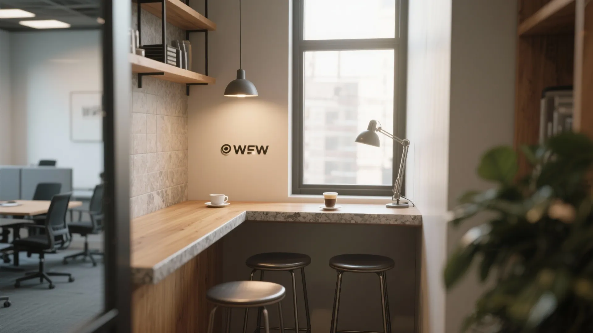Modern office breakroom with wooden corner counter stools window hanging light fixture and coffee cups