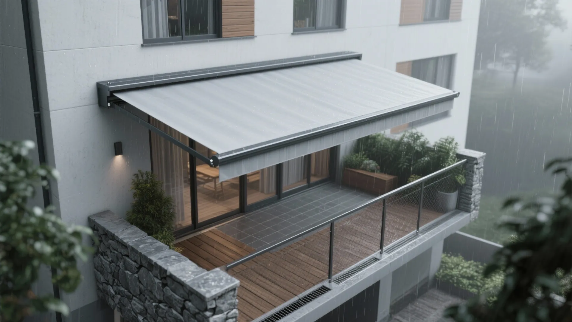 Gray retractable awning covering a modern balcony with glass doors and stone walls during rainy weather