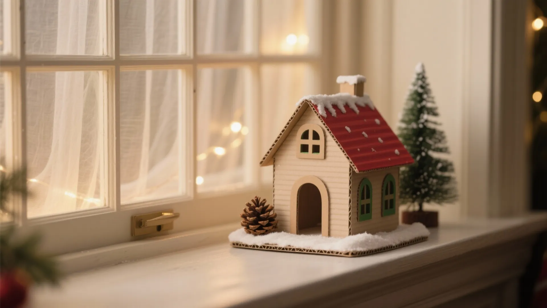 Cardboard house with red roof on white windowsill next to a pinecone and small tree
