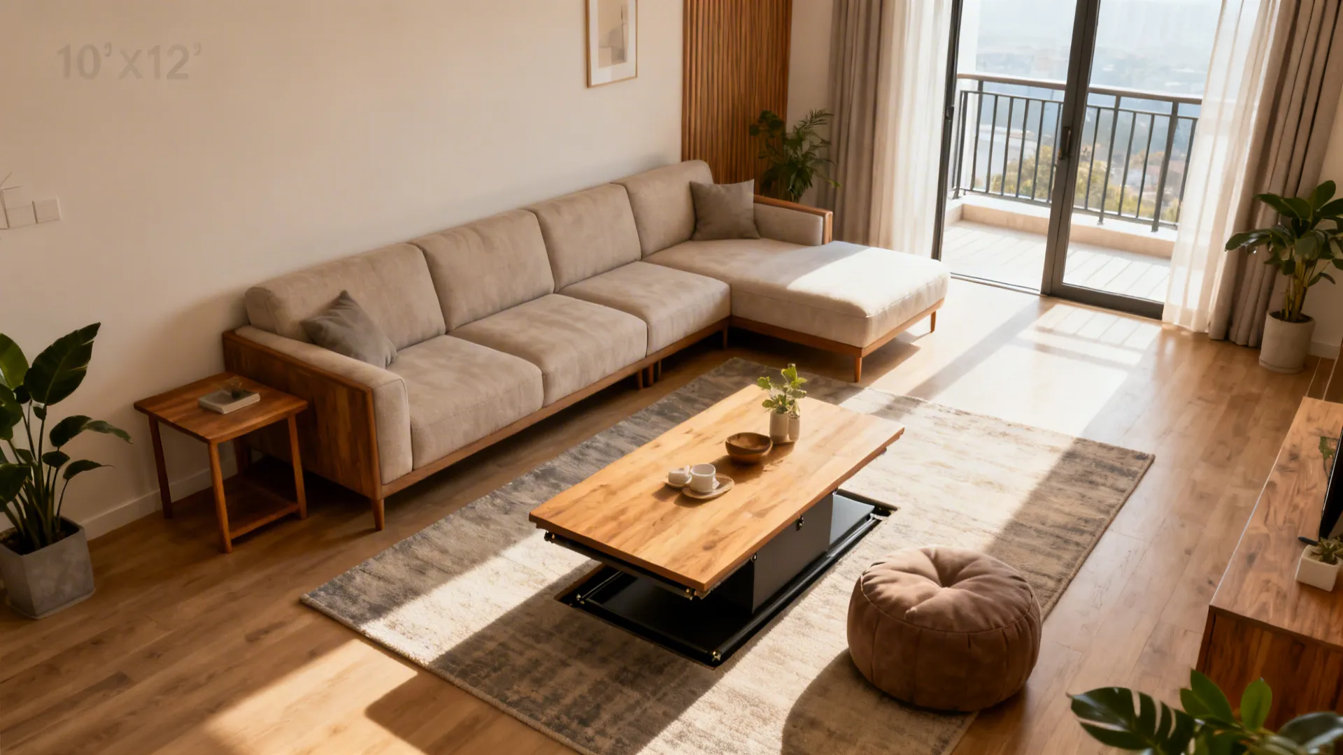 10x12 living room with a compact sectional, clear walkway, and centered rug.