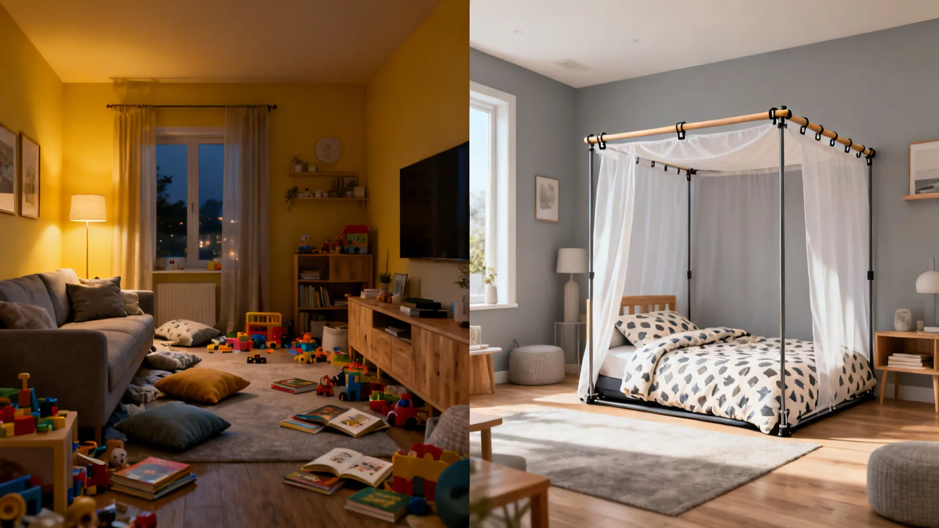 Before-and-after of a tiny living room transformed by a removable tension-rod canopy fort that folds flat.