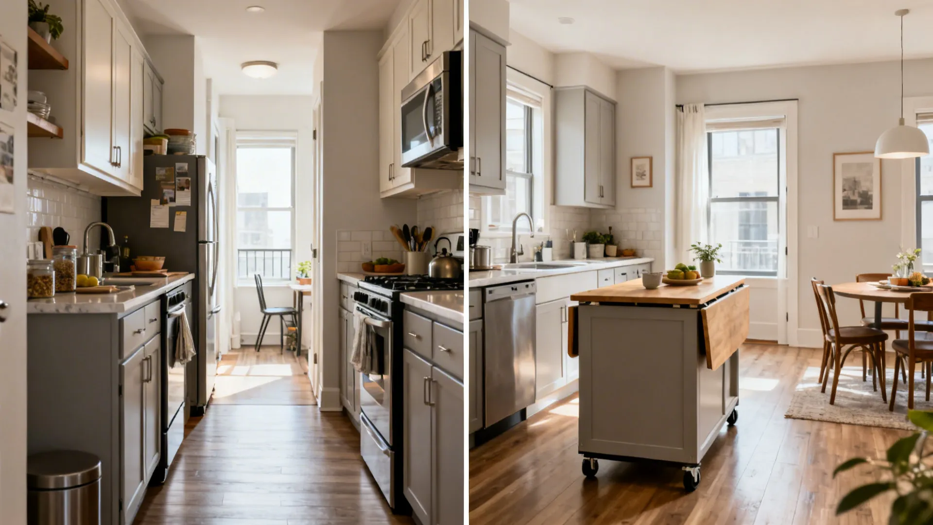 Before-and-after of a tiny kitchen showing added rolling island and drop-leaf peninsula.