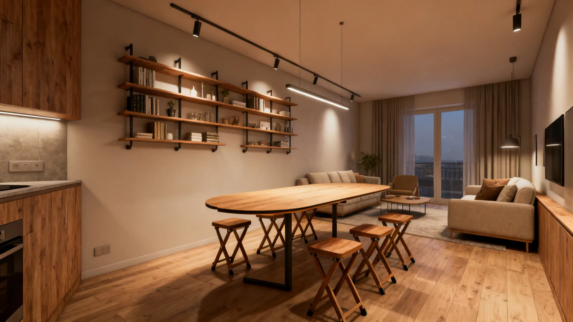 45 sqm apartment with a butterfly leaf table, wall shelves, and foldable stools enabling six-person dining