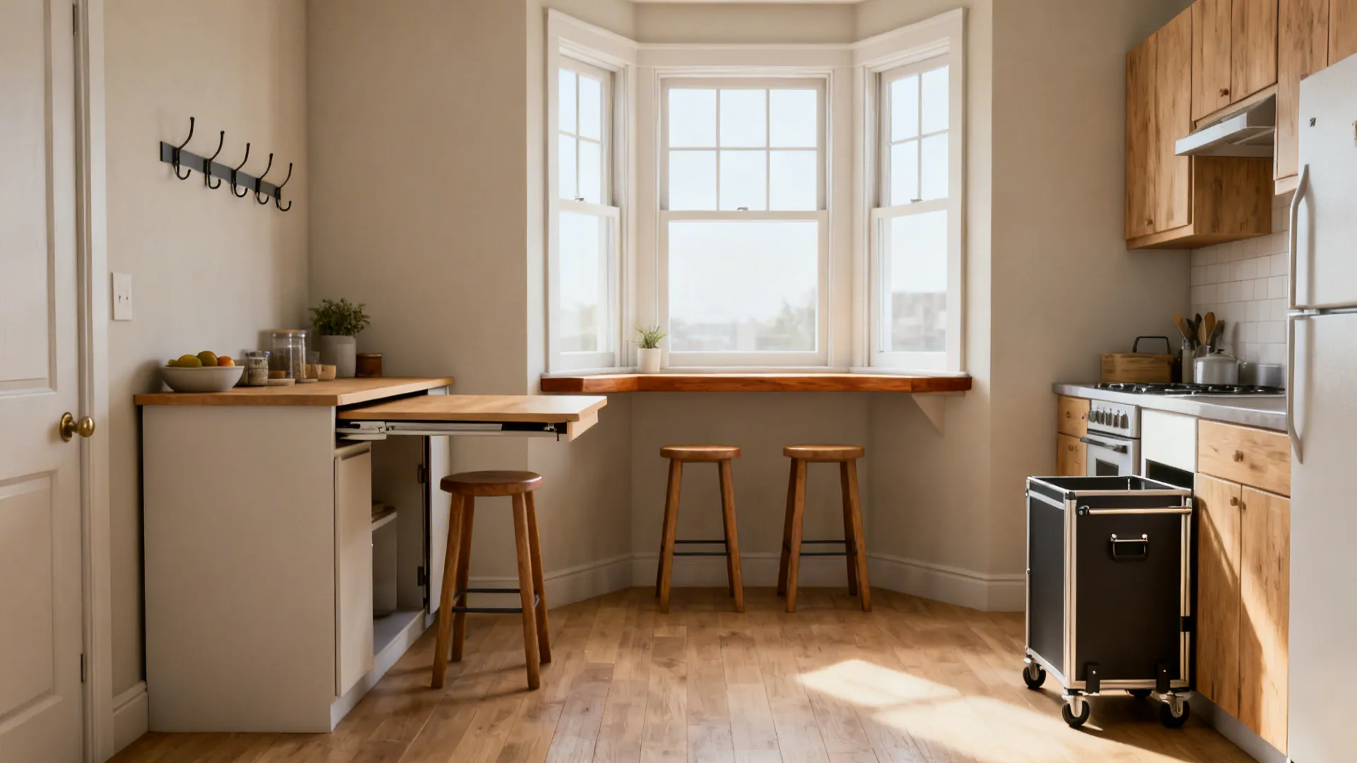 Before-and-after scenes showing drop-leaf galley, bay window ledge, and rolling cart in small kitchens.
