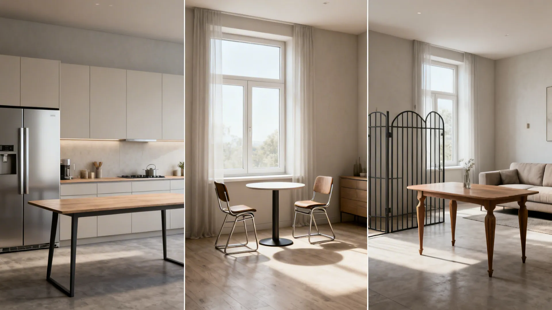Three compact kitchen scenes showing a slim table, a round pedestal, and a flexible gateleg.