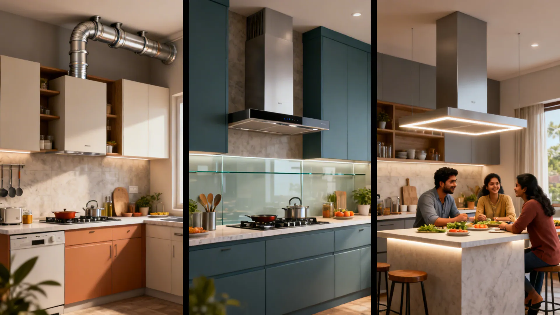 Three real-home scenes showing duct optimization, ductless with glass panel, and a quiet peninsula hood.
