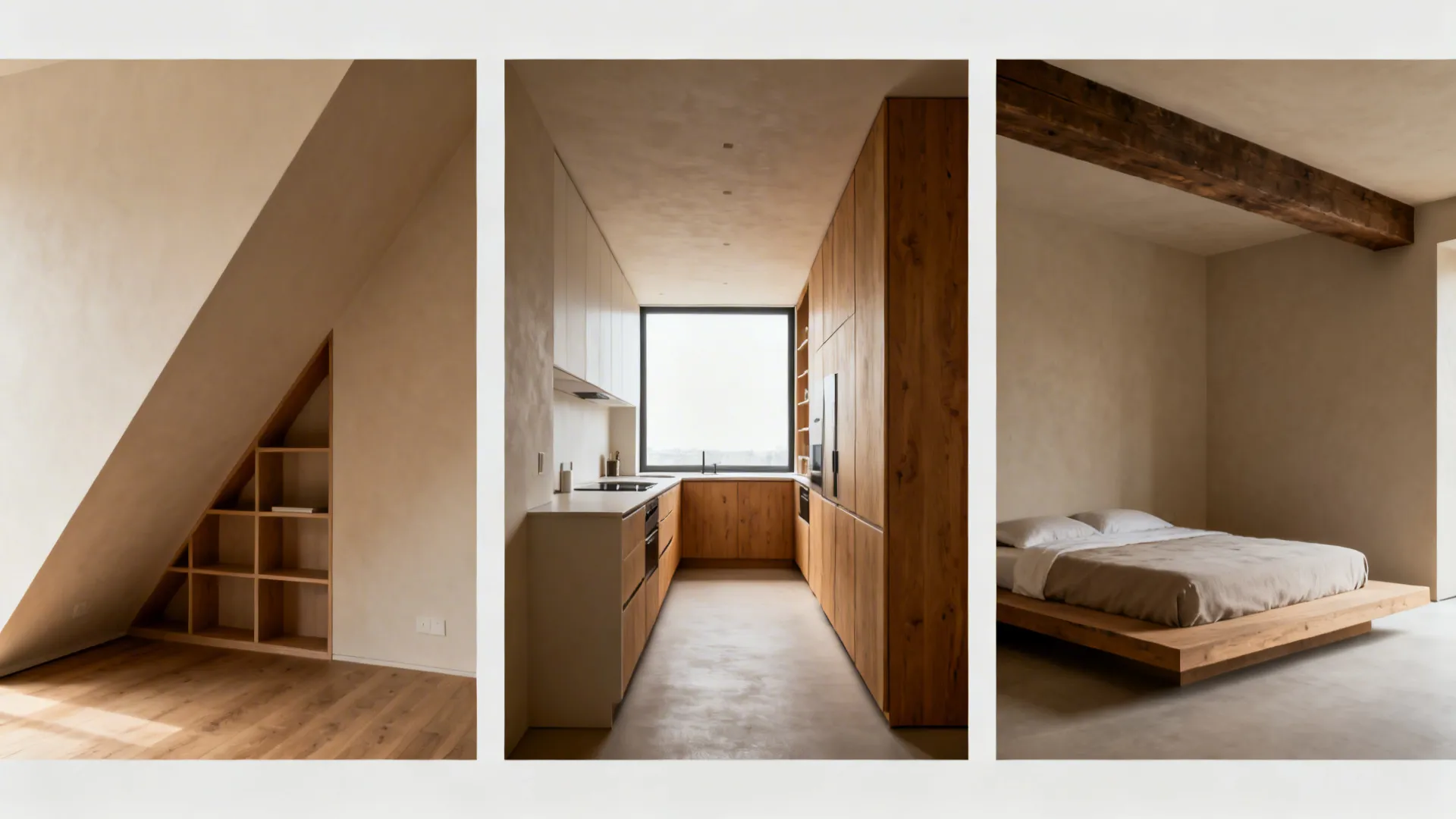 Three small-space case scenes: diagonal studio, skinny L-kitchen, and low-beam bedroom.
