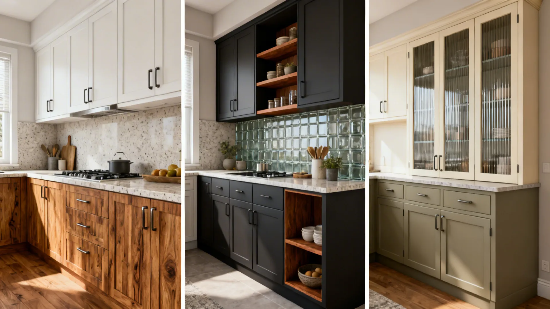 Three compact kitchen makeovers showing white+wood, charcoal+walnut, and greige+cream