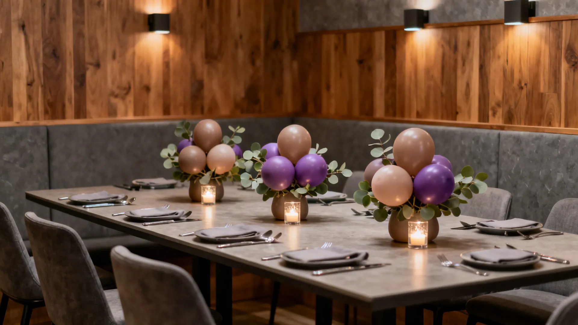 Long dining table featuring purple balloon centerpieces, small candles, grey chairs, and wood wall panels