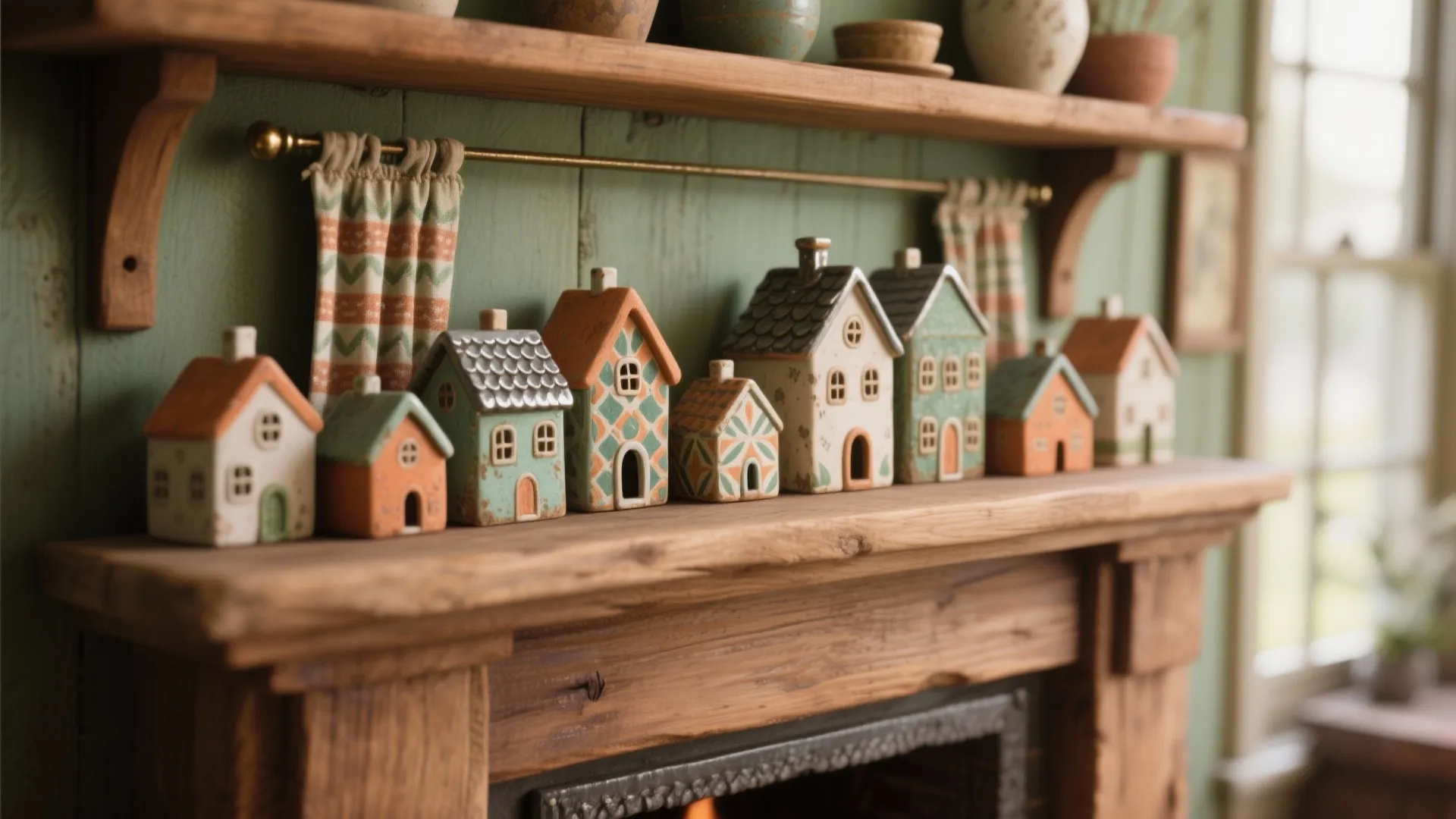 Row of small ceramic houses sitting on a wooden shelf above a warm fireplace mantel