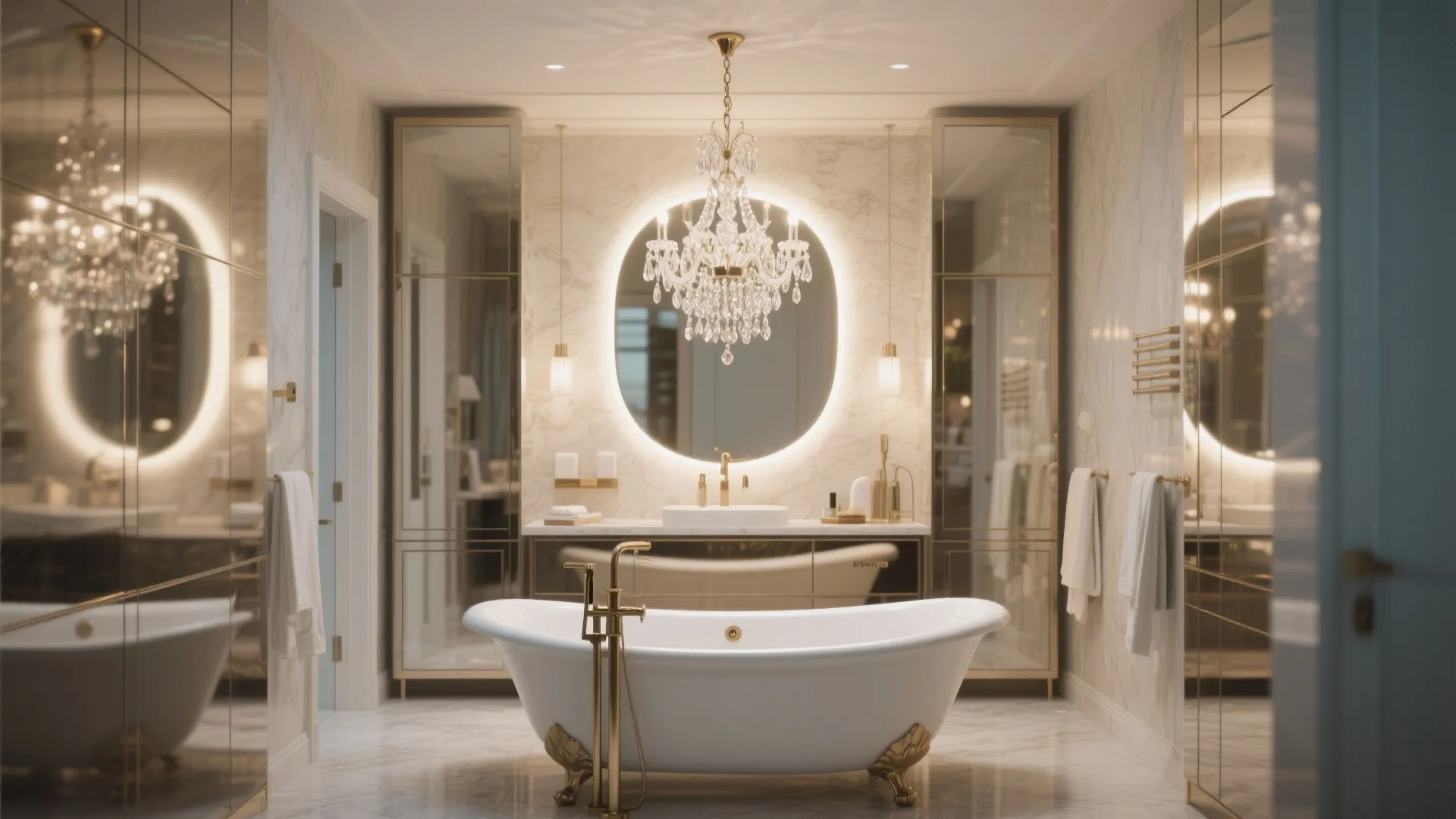 Mini chandelier above the tub