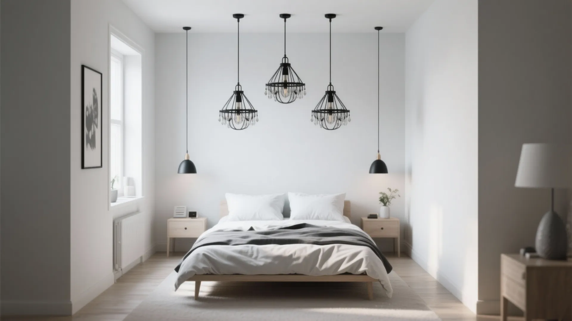 White bedroom interior featuring group of three black ceiling lights above a comfortable double bed