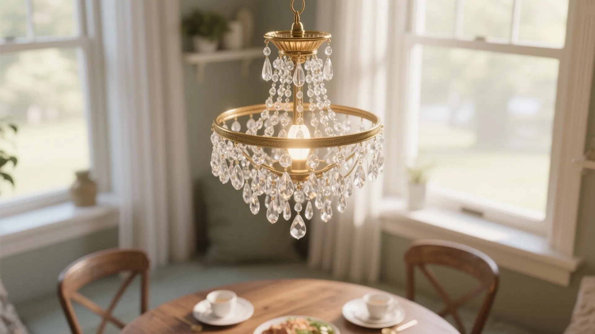 Close-up of a petite crystal chandelier over a breakfast nook showing scale and warm highlights.