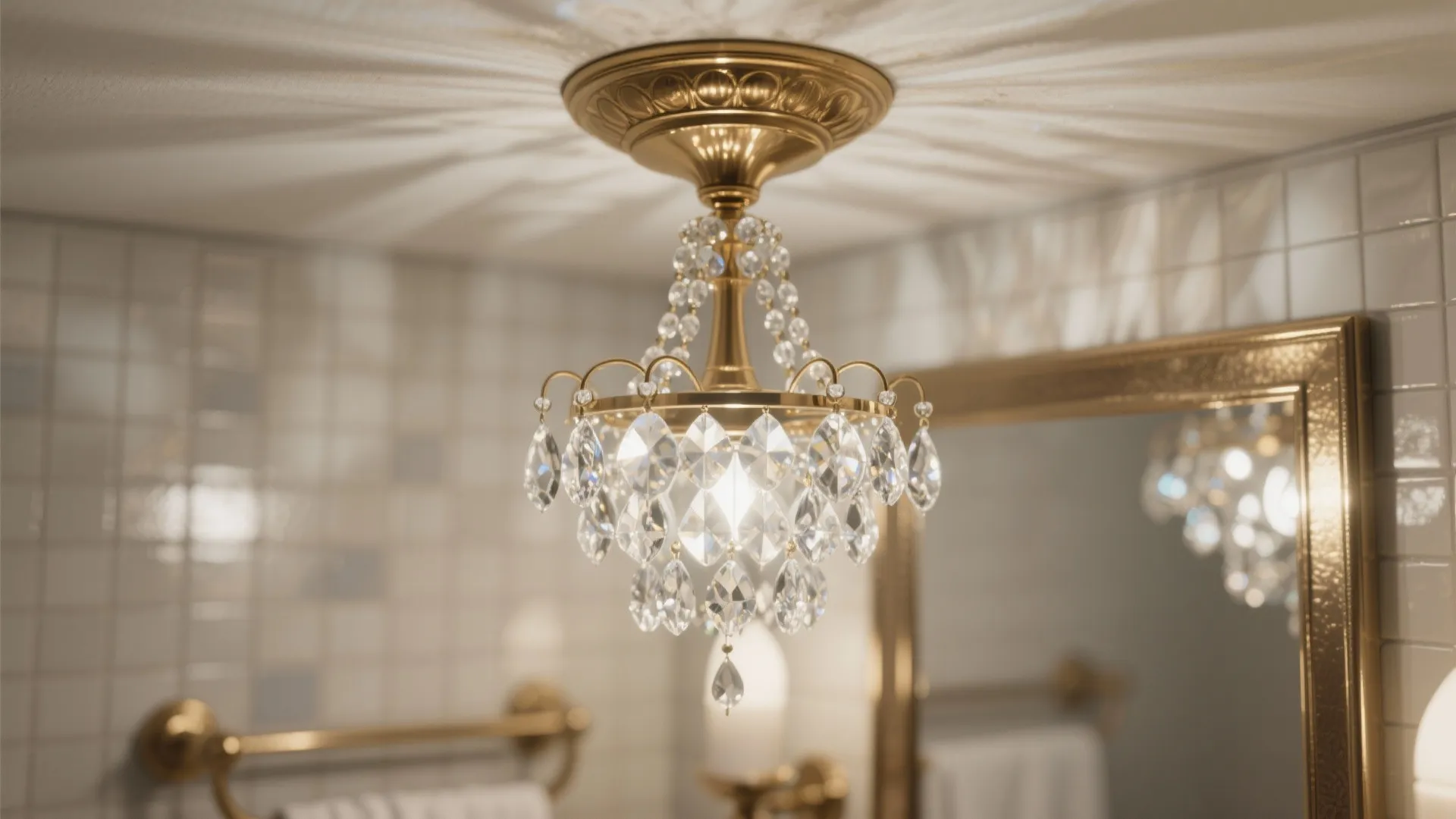 Elegant gold ceiling light with hanging crystals in a bathroom with white wall tiles background