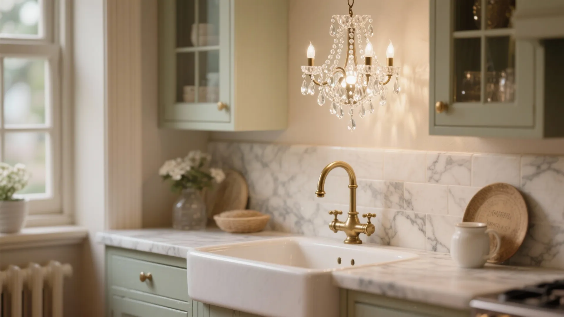 Green kitchen cabinets with white ceramic sink, gold faucet and a small crystal ceiling light