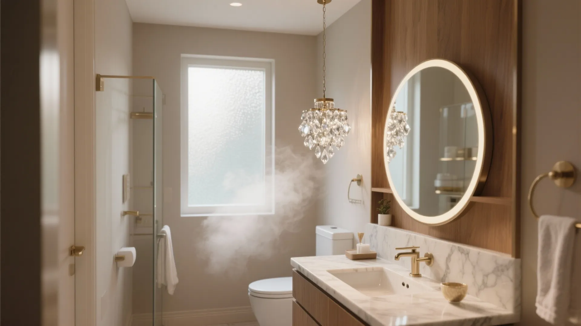 Modern bathroom with marble sink circular mirror and elegant crystal ceiling light hanging over toilet