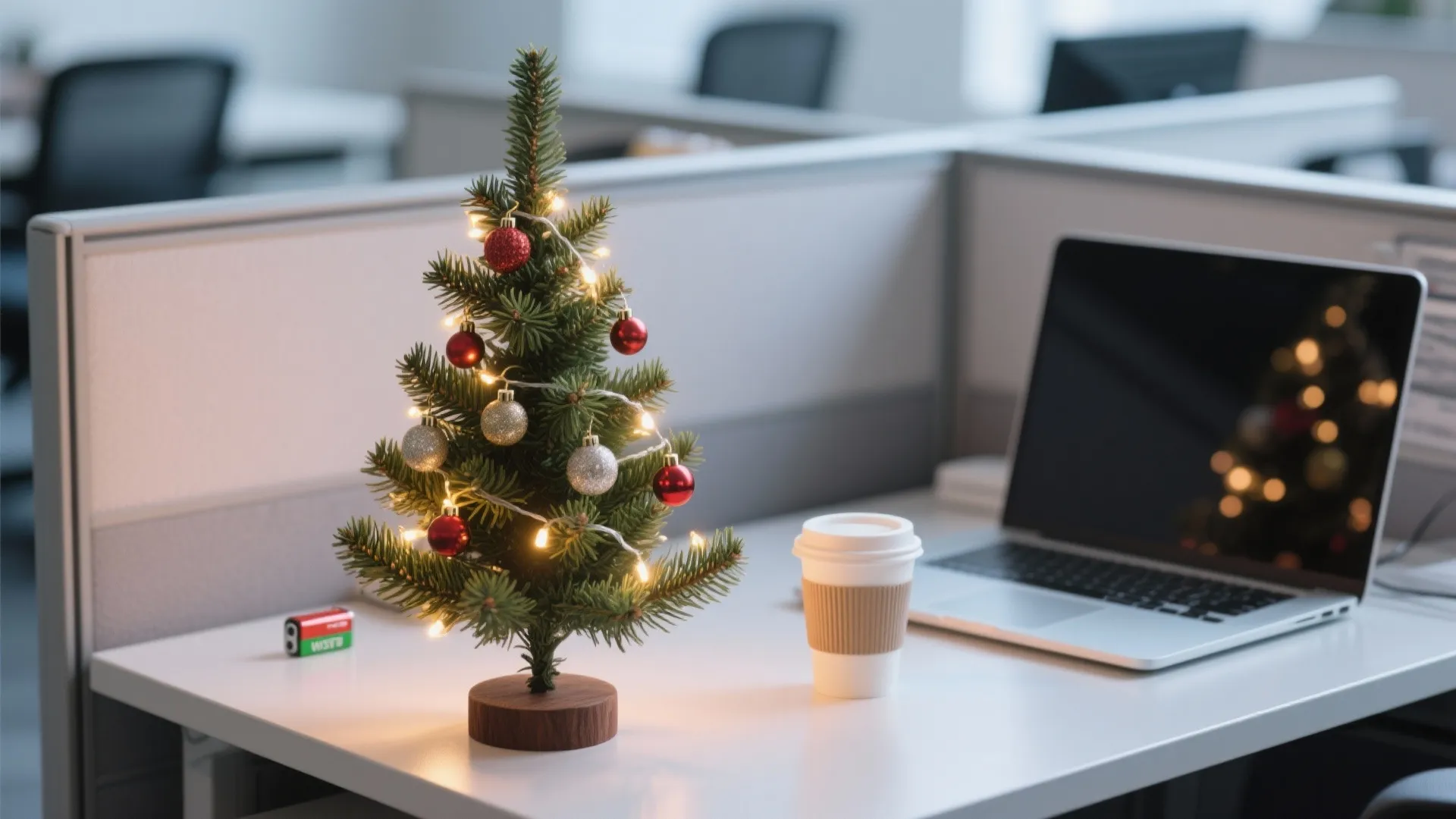 Small decorated Christmas tree with lights sitting on white office desk near laptop and coffee