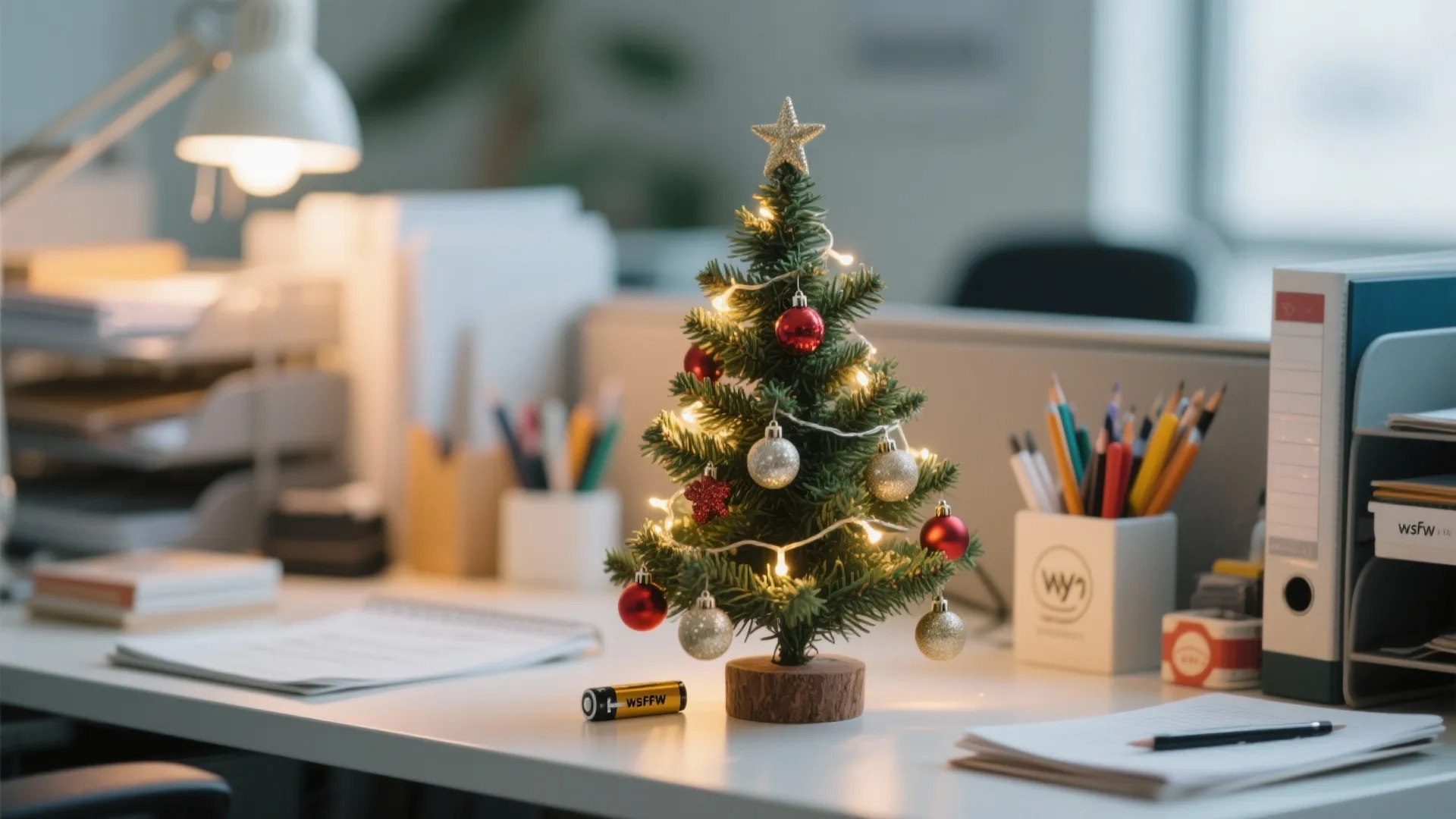 Small decorated Christmas tree with lights on a white office desk next to various office supplies