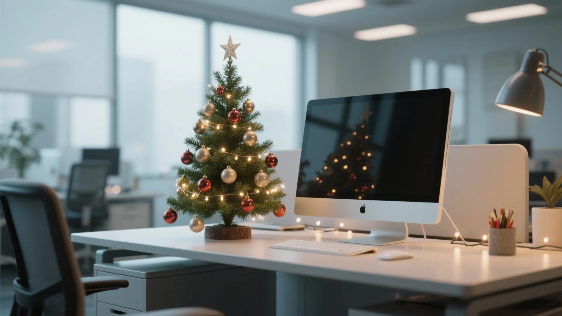 Small decorated Christmas tree with lights and ornaments on a white desk next to computer monitor