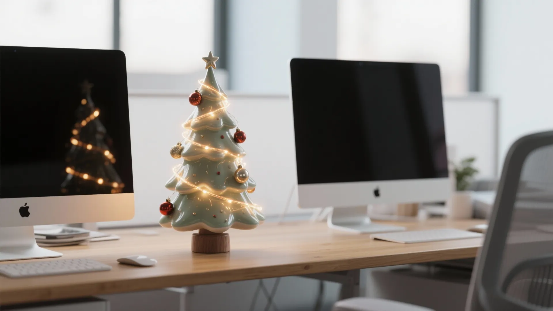Small lighted Christmas tree on a wooden desk between two computer monitors in an office