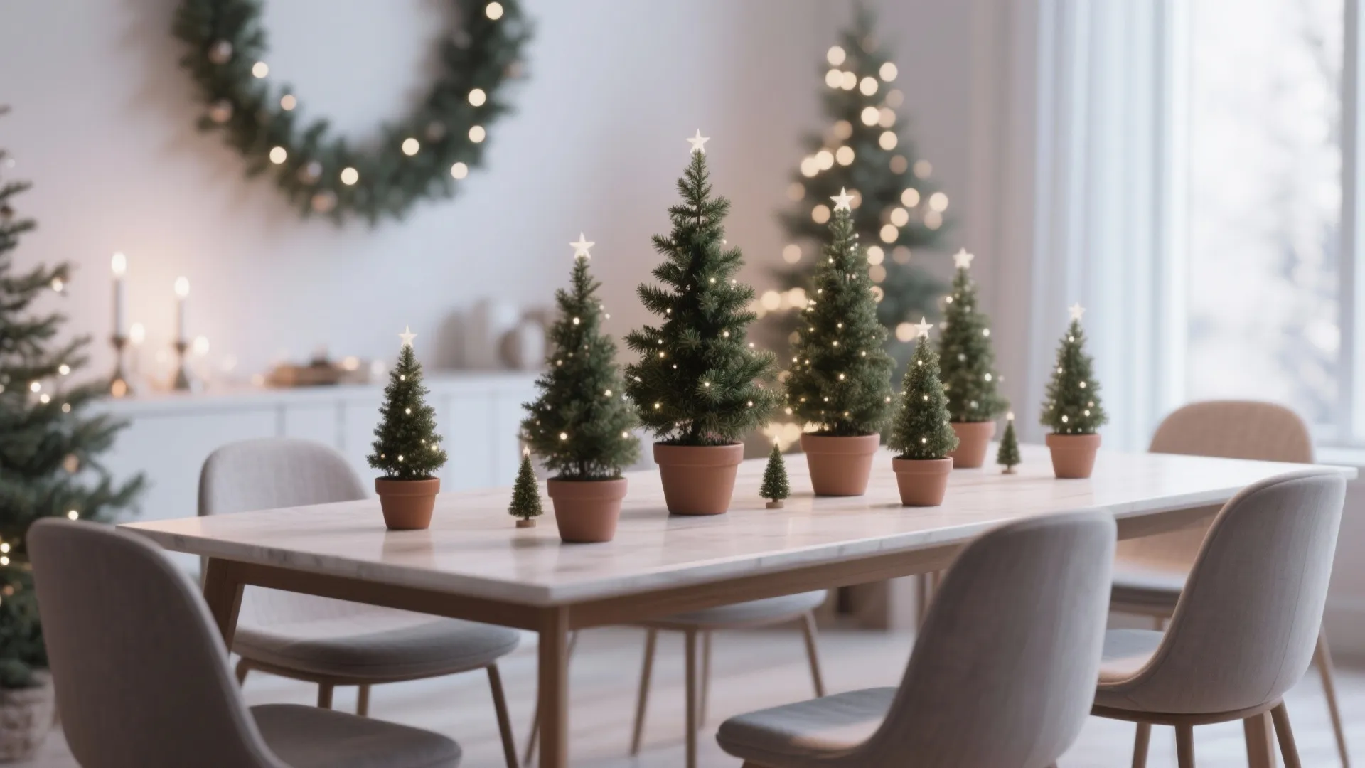Small potted Christmas trees with lights on a white dining table in a bright room