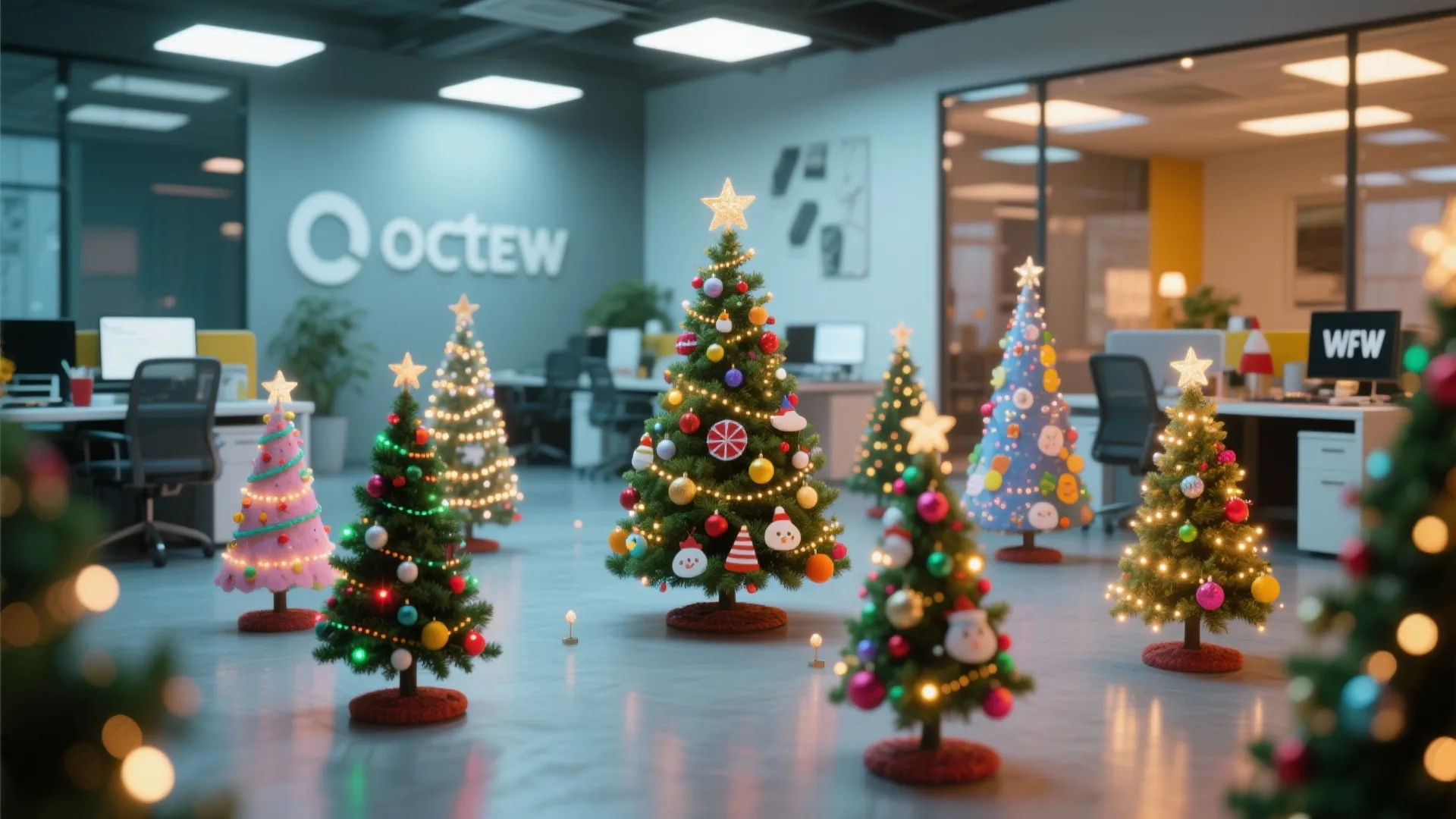 Modern open plan office decorated with many small colorful christmas trees on the floor area