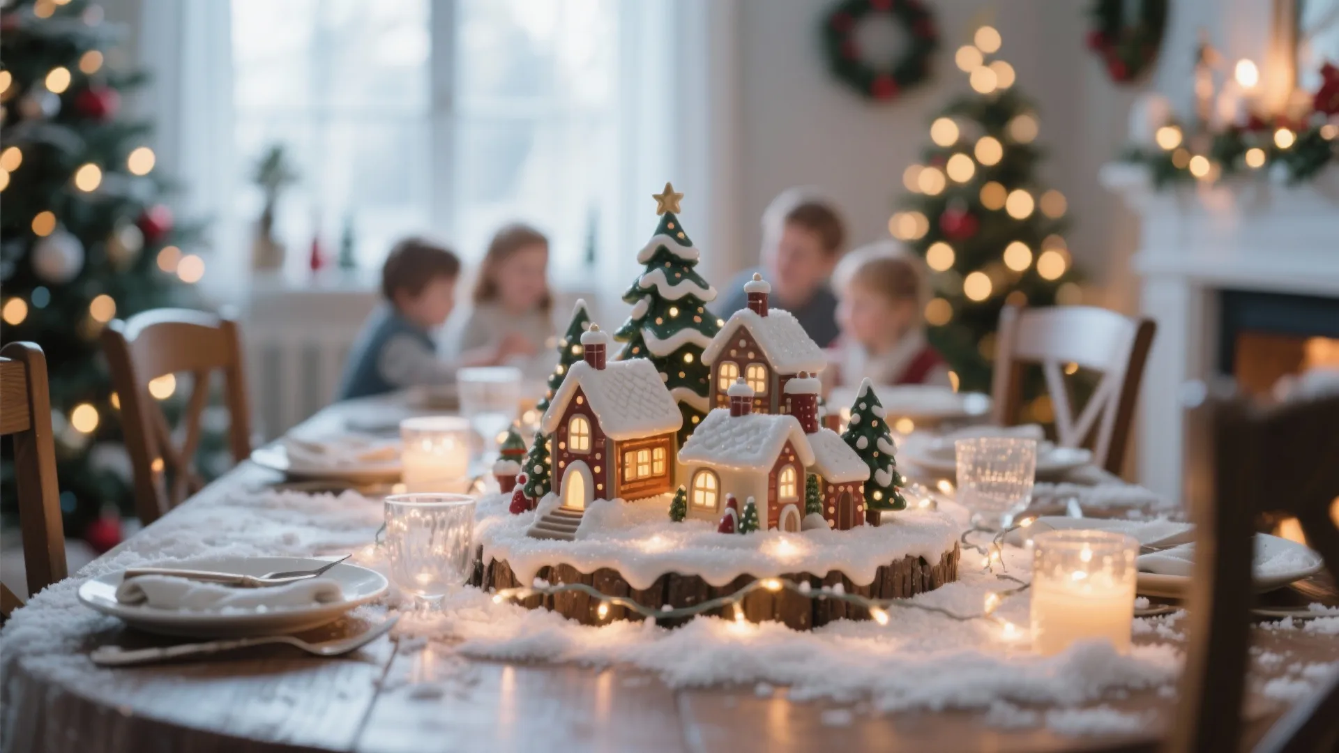 Festive Christmas table centerpiece featuring miniature snowy houses and glowing lights on a wooden table