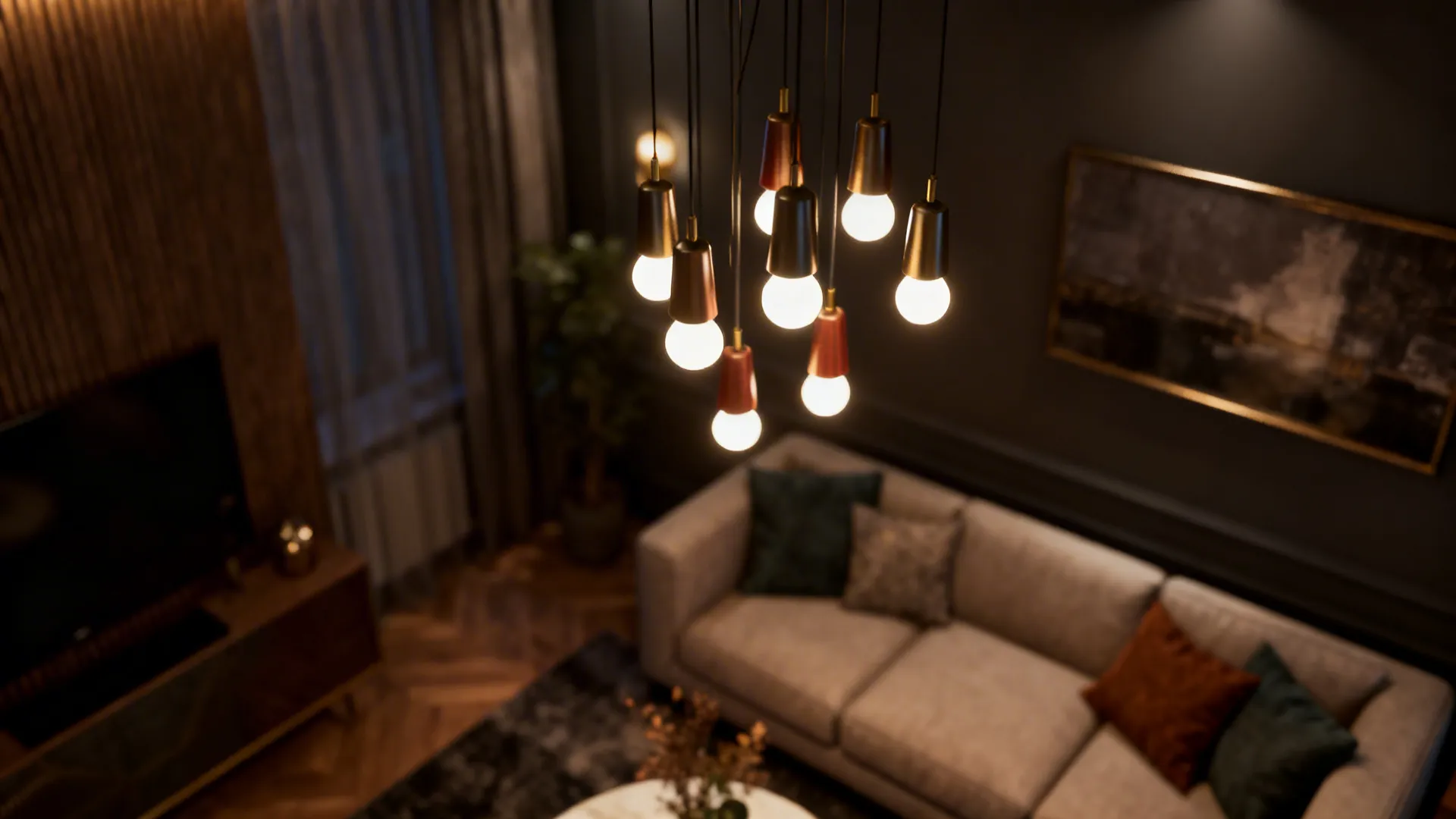 Small living room with a mini cluster chandelier of pendants at varied heights creating a compact focal point.