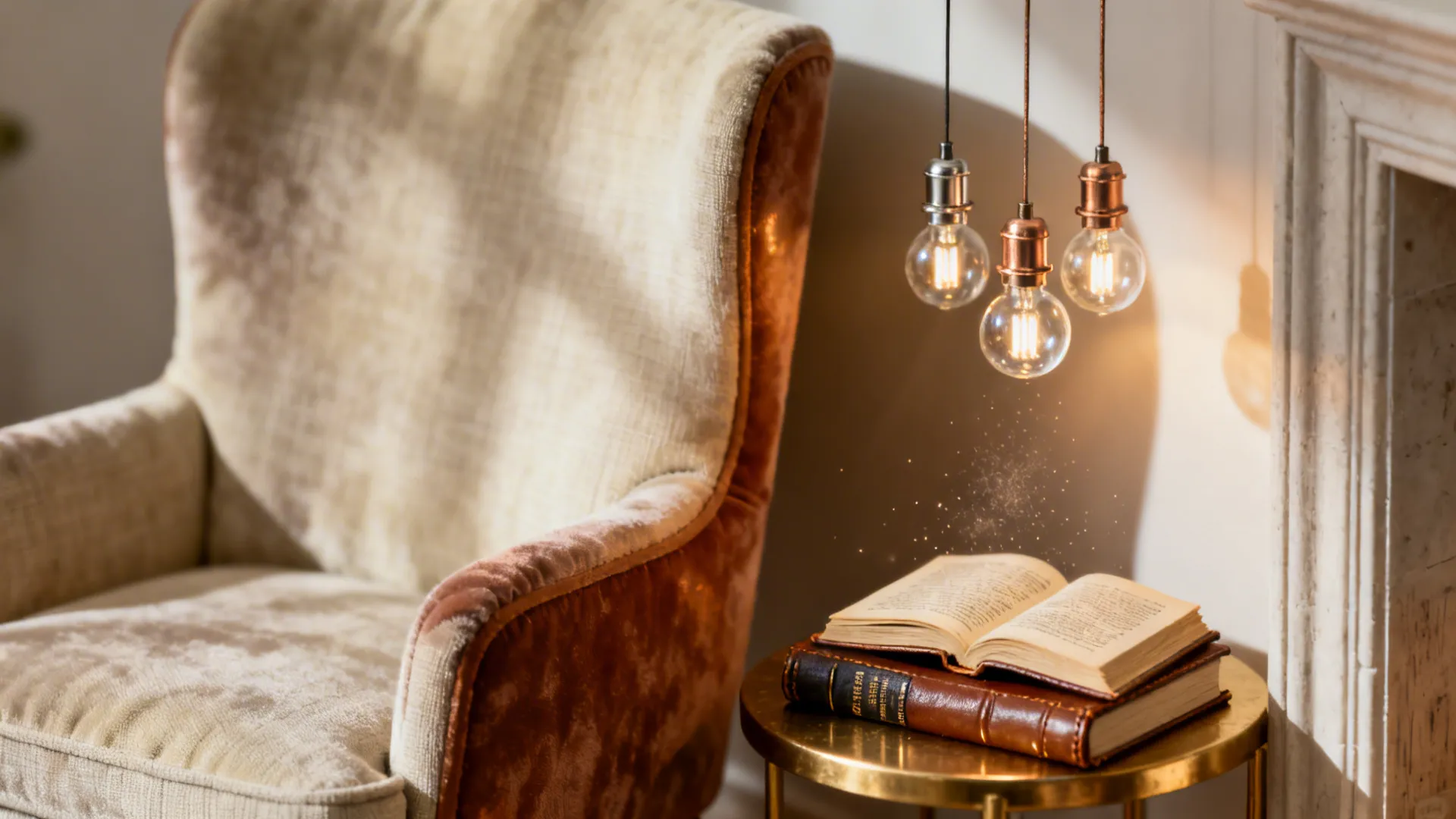 Cozy reading nook lit by a cluster of three mini pendant lights with mixed finishes
