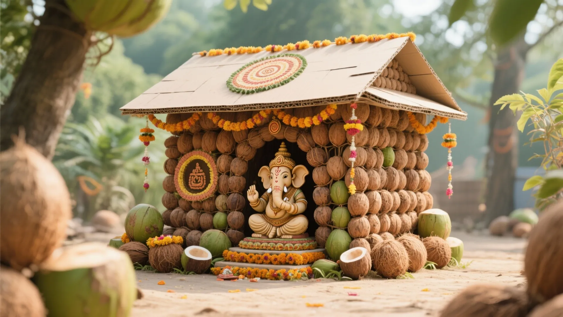Custom temple made from stacked coconuts for Ganpati festival
