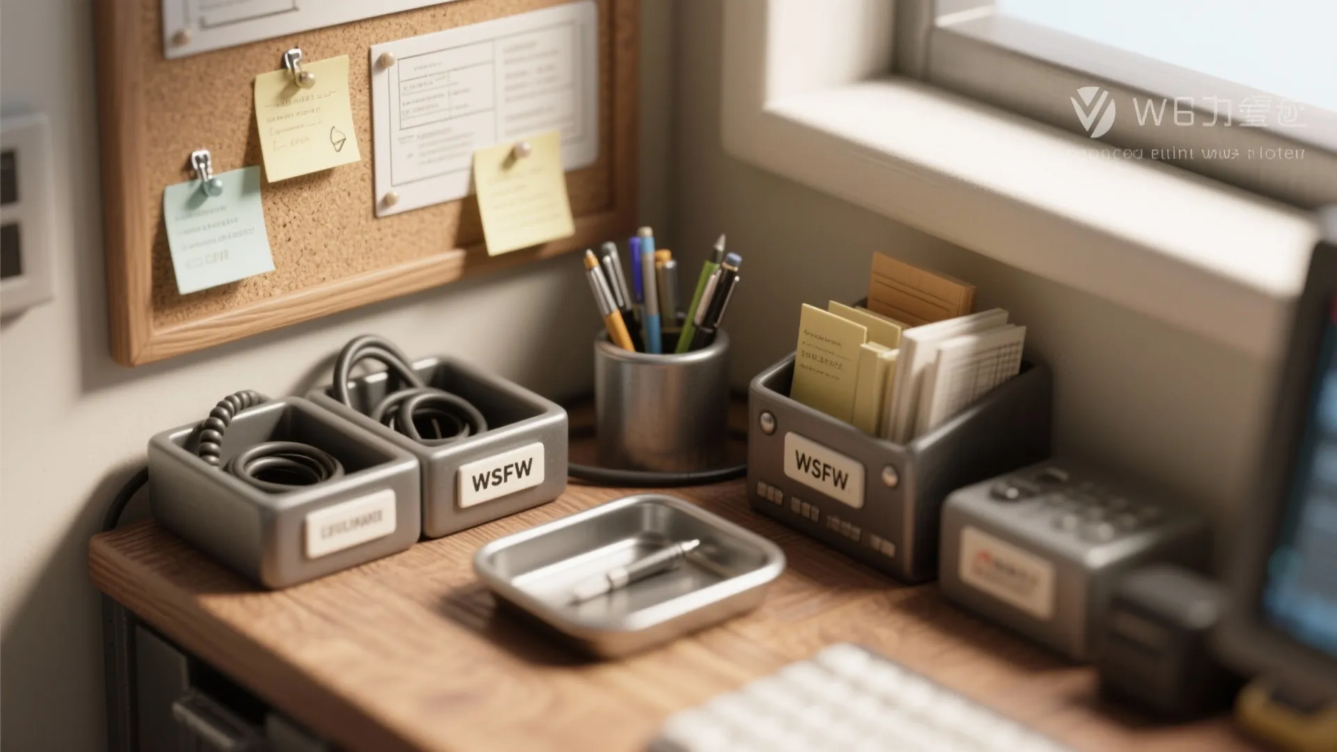 Wooden desk with cork board notes pens and grey storage boxes for small office supplies