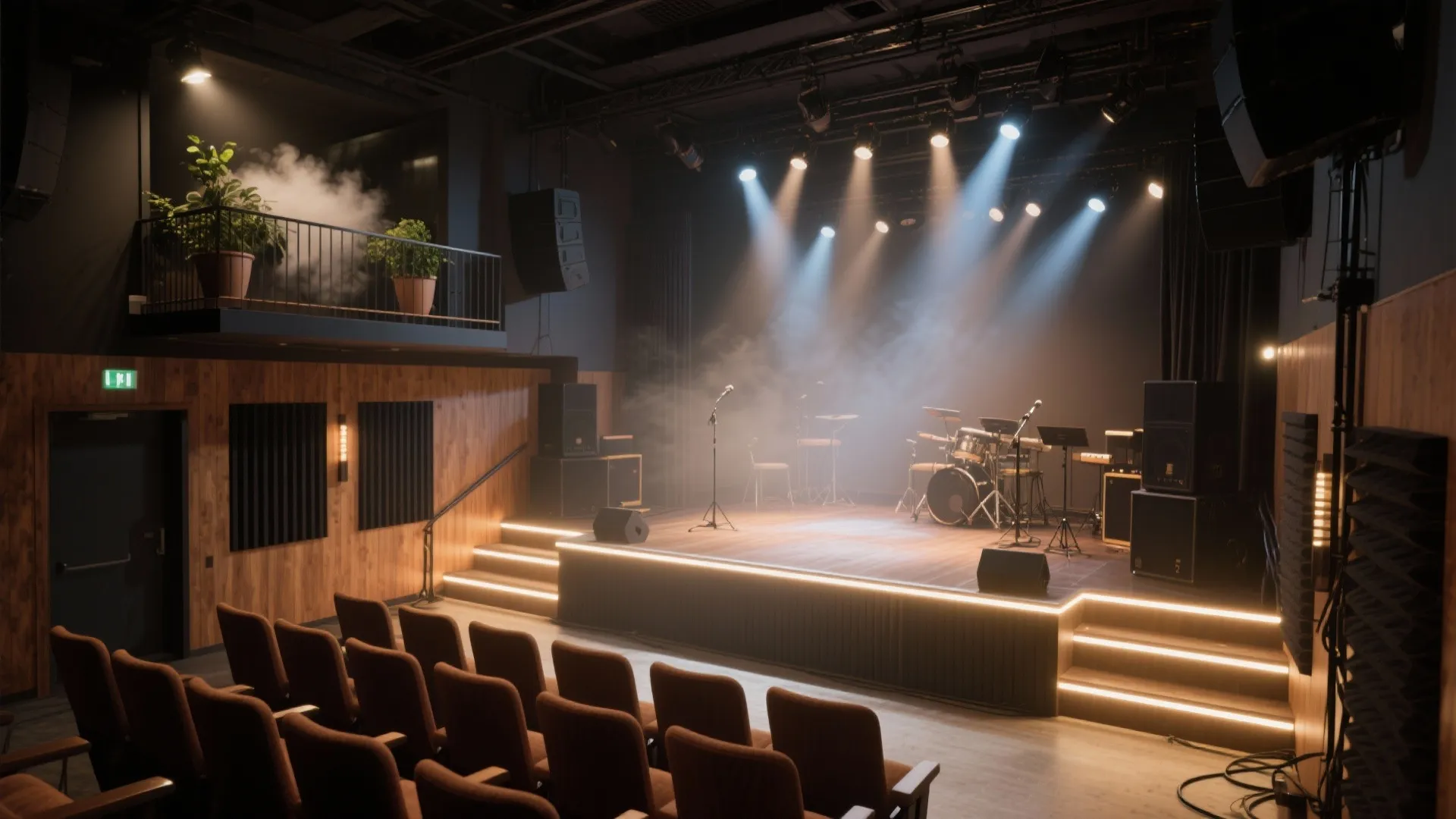 Small stage with drums and microphones under bright ceiling lights in a modern wood paneled hall